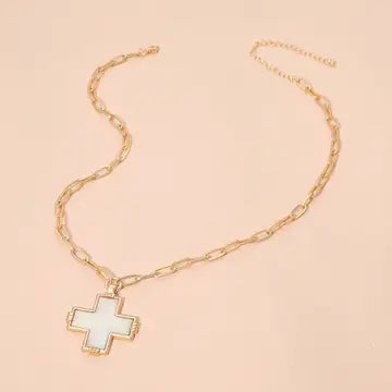 Abalone Cross Pendant Paperclip Chain Necklace - White