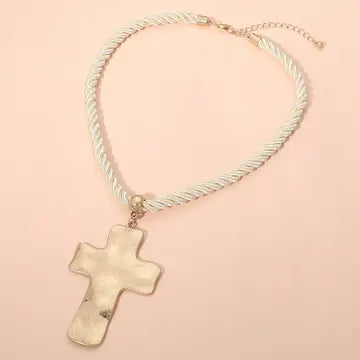 Bold Hammered Metal Cross Pendant Accent Thick Rope Necklace