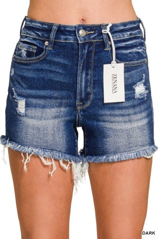 Zenana Dark Washed Raw Frayed Hem Denim Shorts