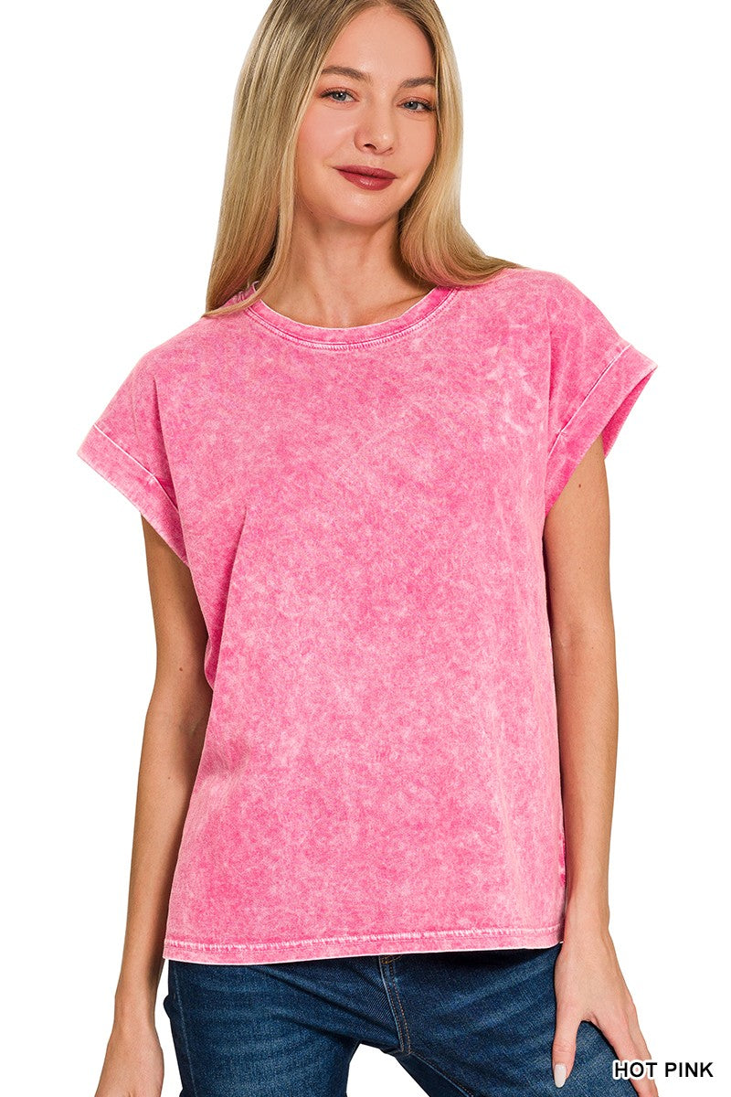 Zenana Halo Washed Cuffed Short Sleeve Tee