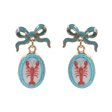 Bow Shell Print Square Frame Drop Earrings   Red,Turquoise