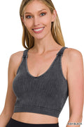 Zenana Washed Ribbed Cropped Seamless Bra Padded Tank Top - Ash Black