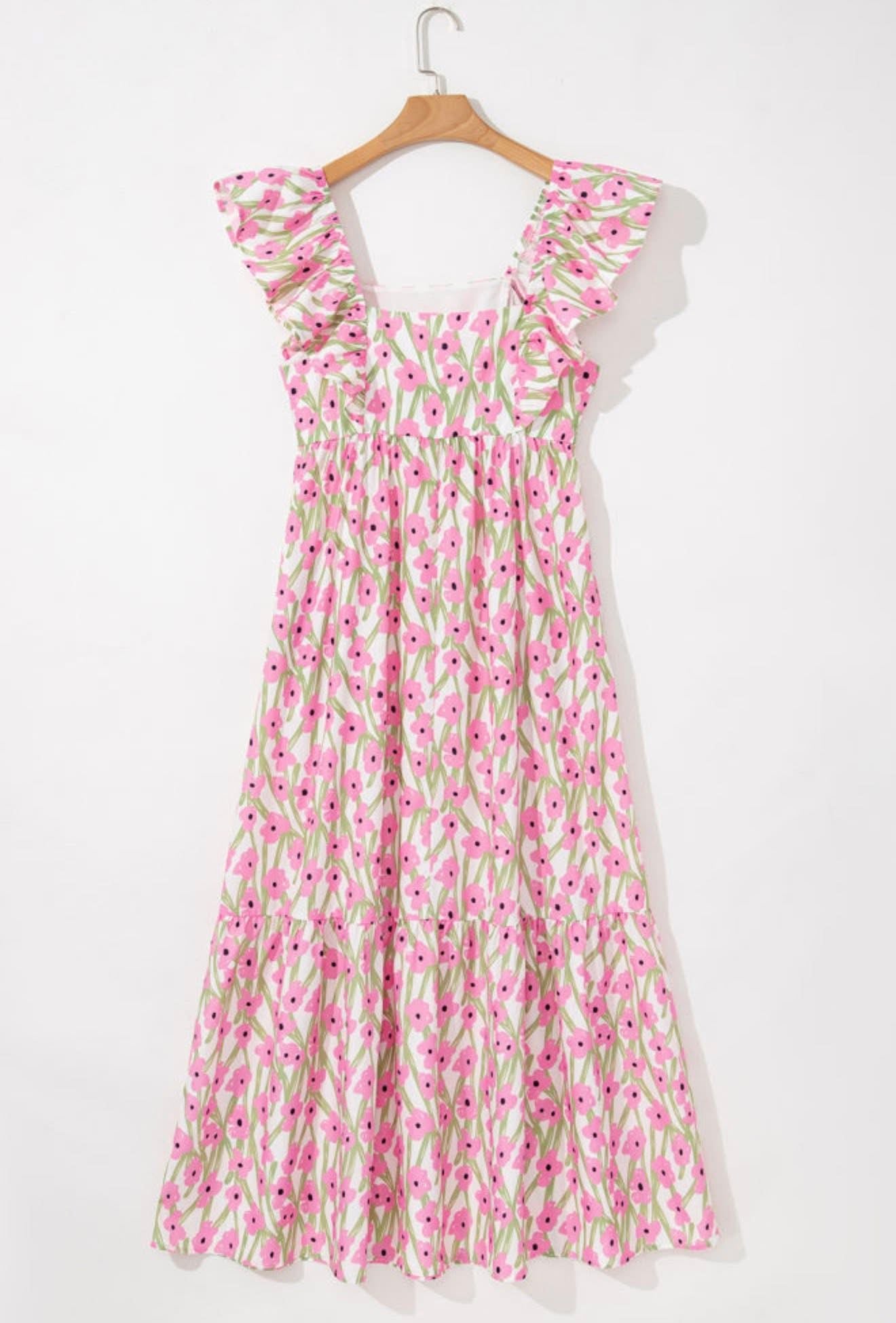 Pink Floral Print Square Neck Ruffled Strap Maxi Dress