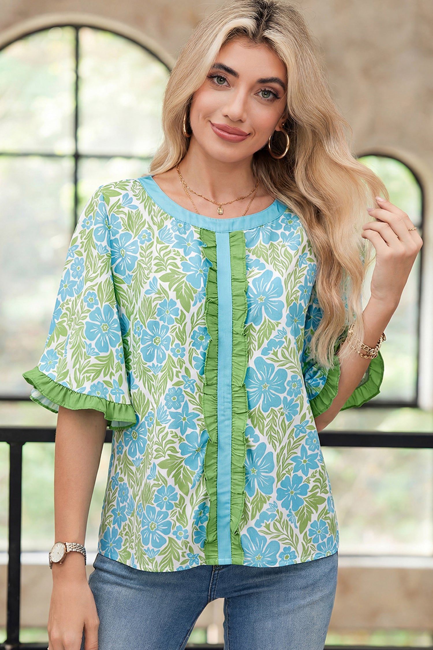 Sky Blue Plus Size Floral Print Frilled Color Block Trim Short Sleeve Blouse