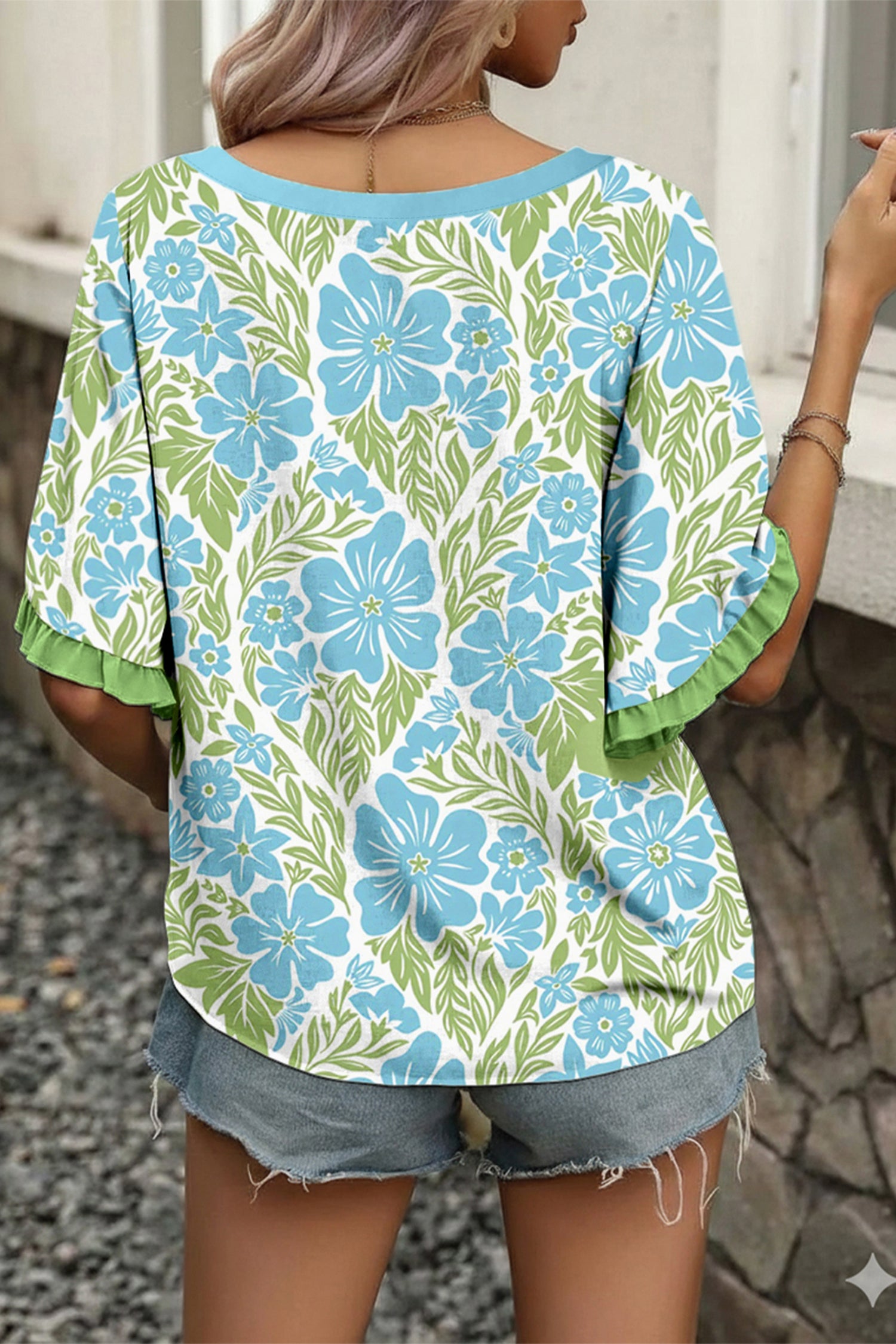 Sky Blue Plus Size Floral Print Frilled Color Block Trim Short Sleeve Blouse