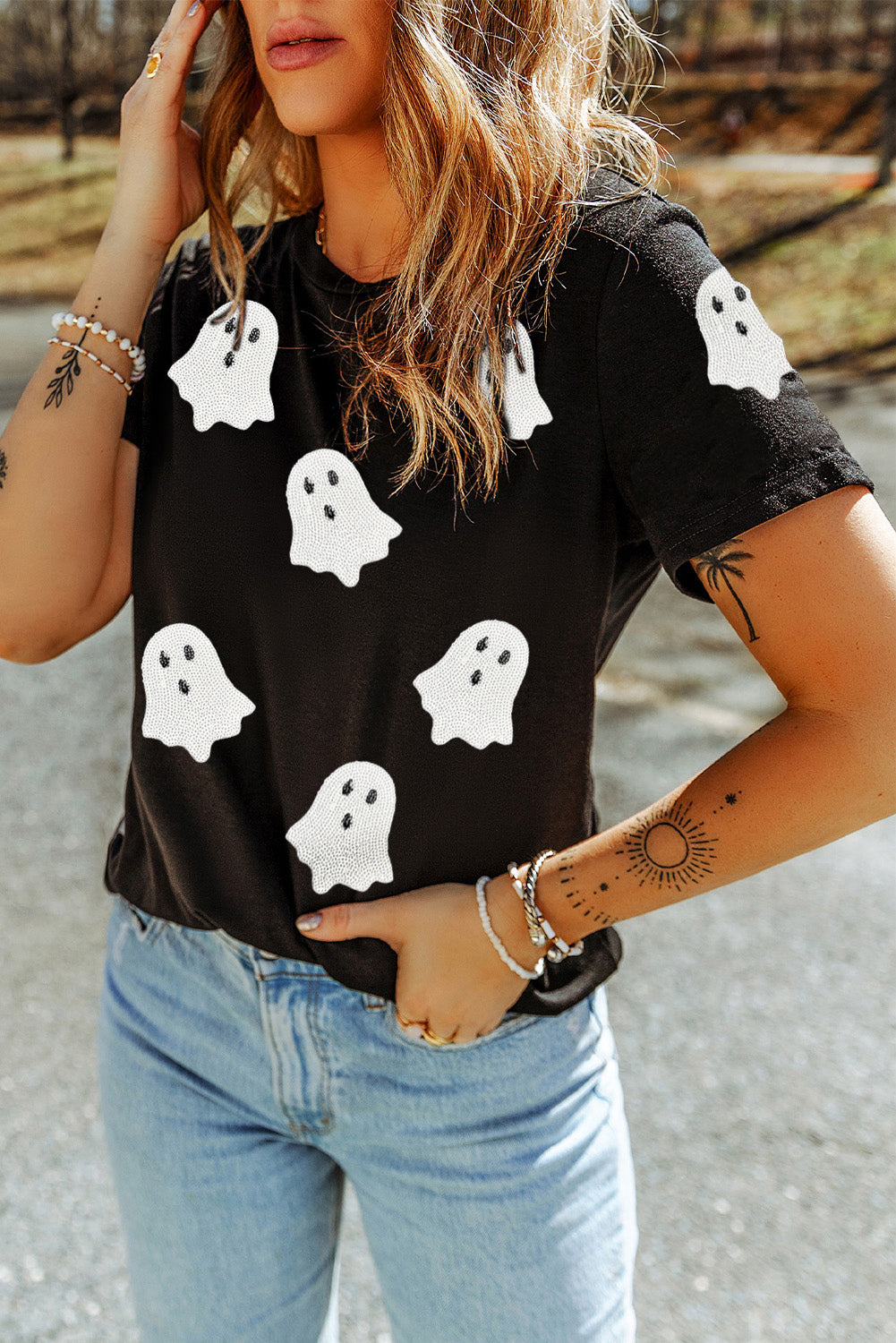 Black Sequin Halloween Ghost Patched Casual T Shirt