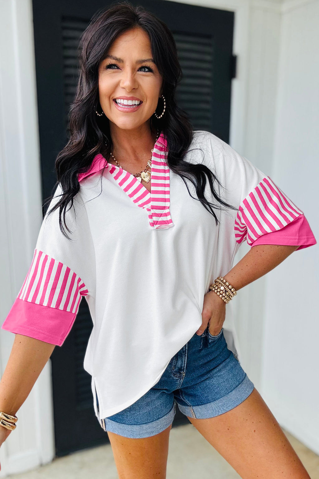 White Striped Color Block Patchwork Polo Collar Half Sleeve T Shirt