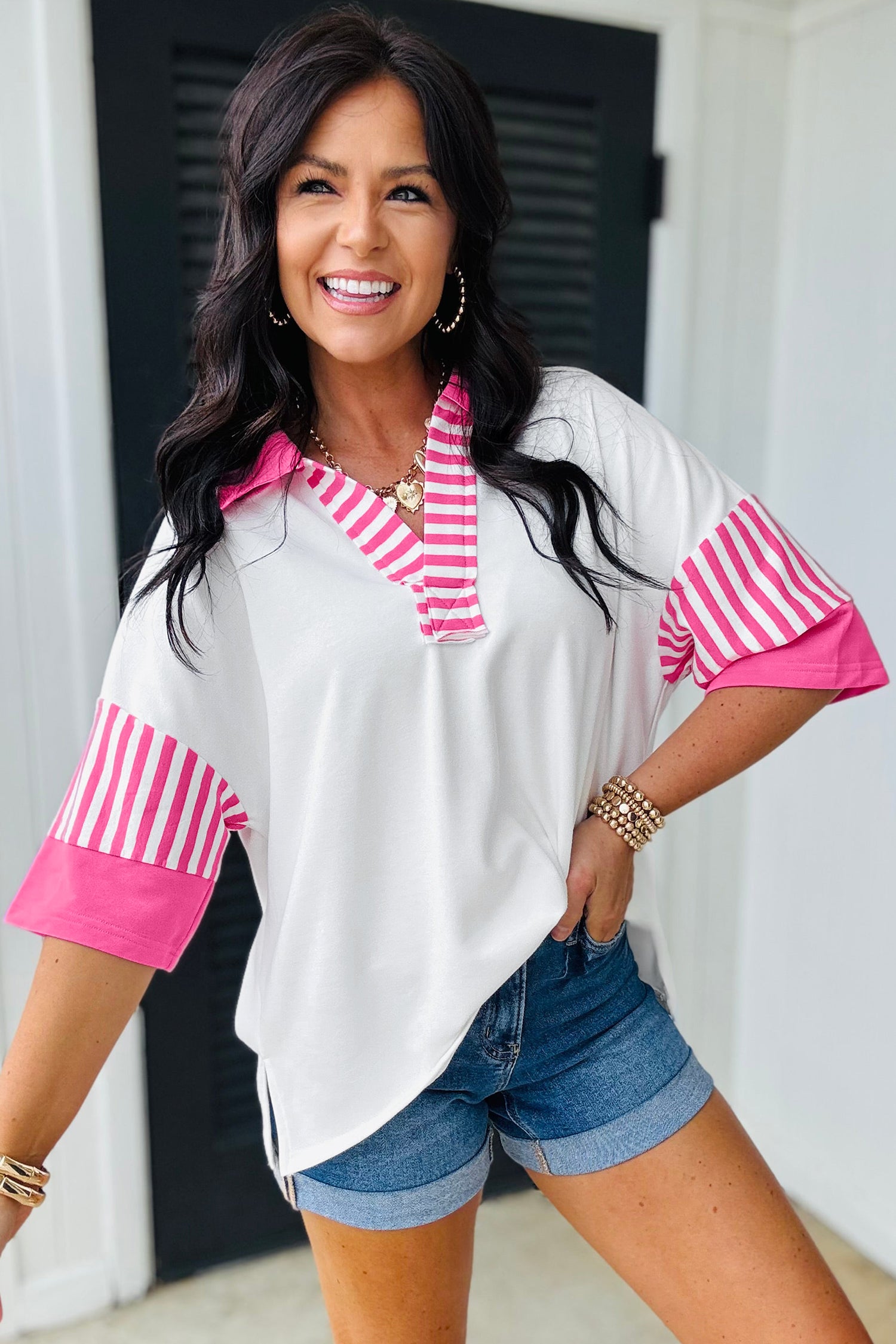 White Striped Color Block Patchwork Polo Collar Half Sleeve T Shirt
