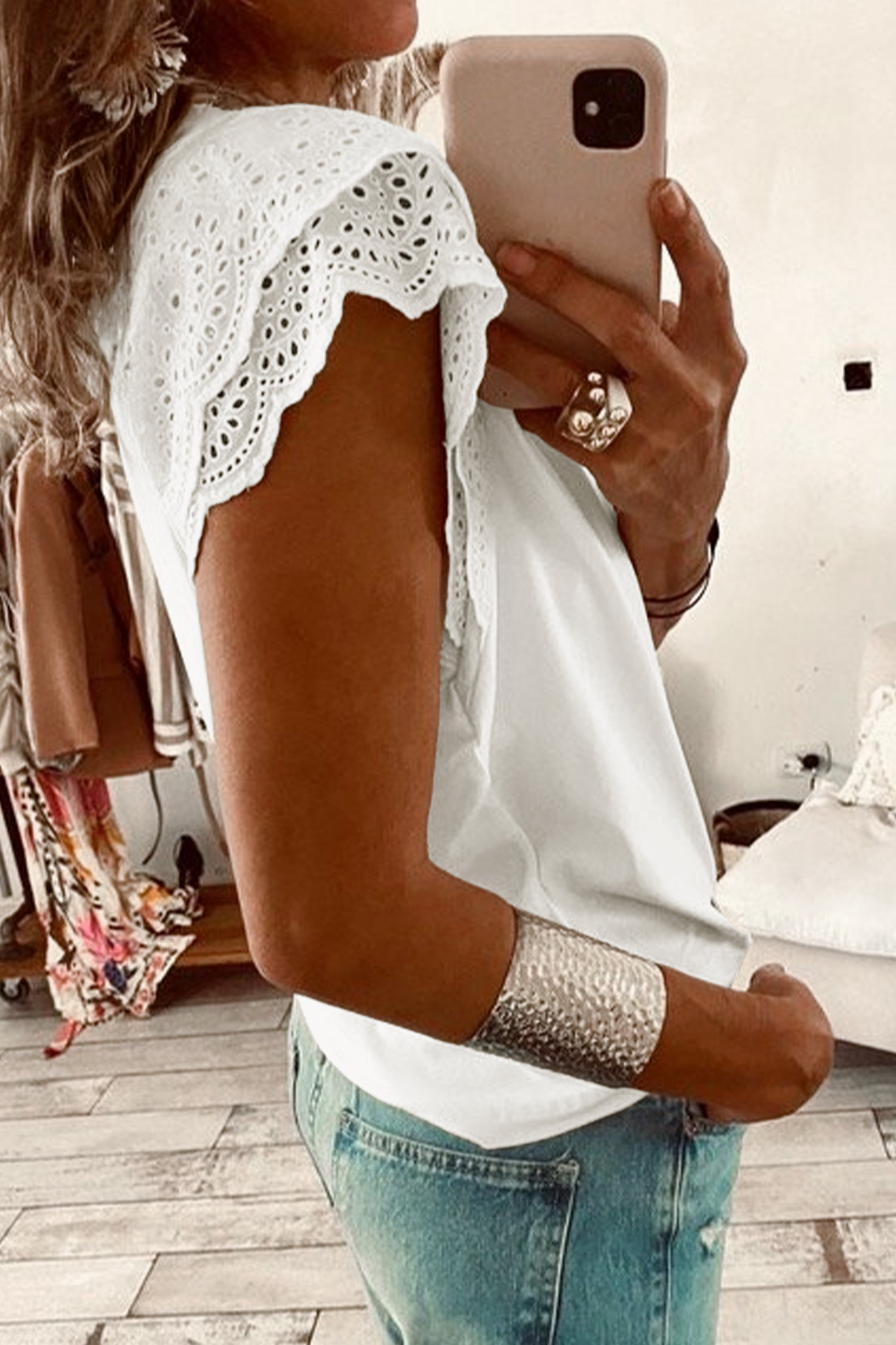 White Eyelet Crochet Splicing Short Sleeve Plus Size Tee