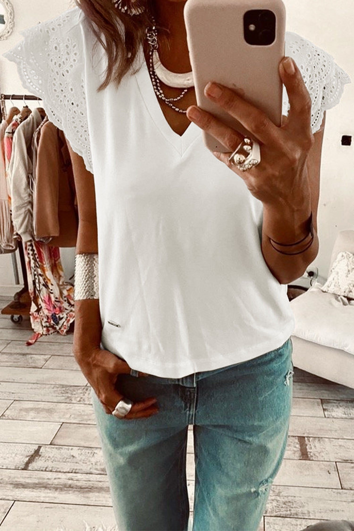 White Eyelet Crochet Splicing Short Sleeve Plus Size Tee