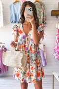 Pink Floral Double Ruffle Sleeve V Neck High Waist Mini Dress