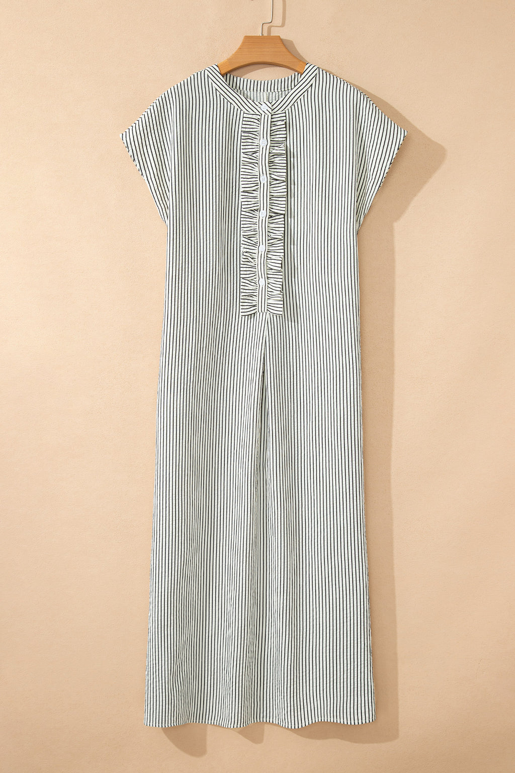Black Stripe Frilled Detail Half Buttons Short Sleeve Long Dress