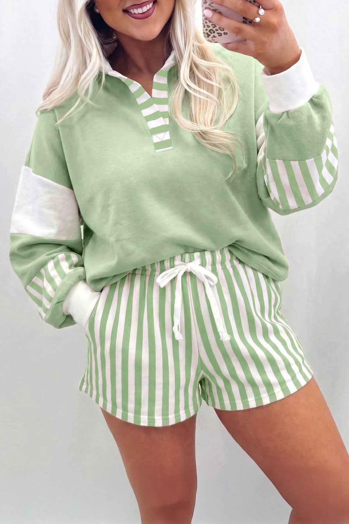 Green Striped Color Block Pullover Top Drawstring Shorts Set