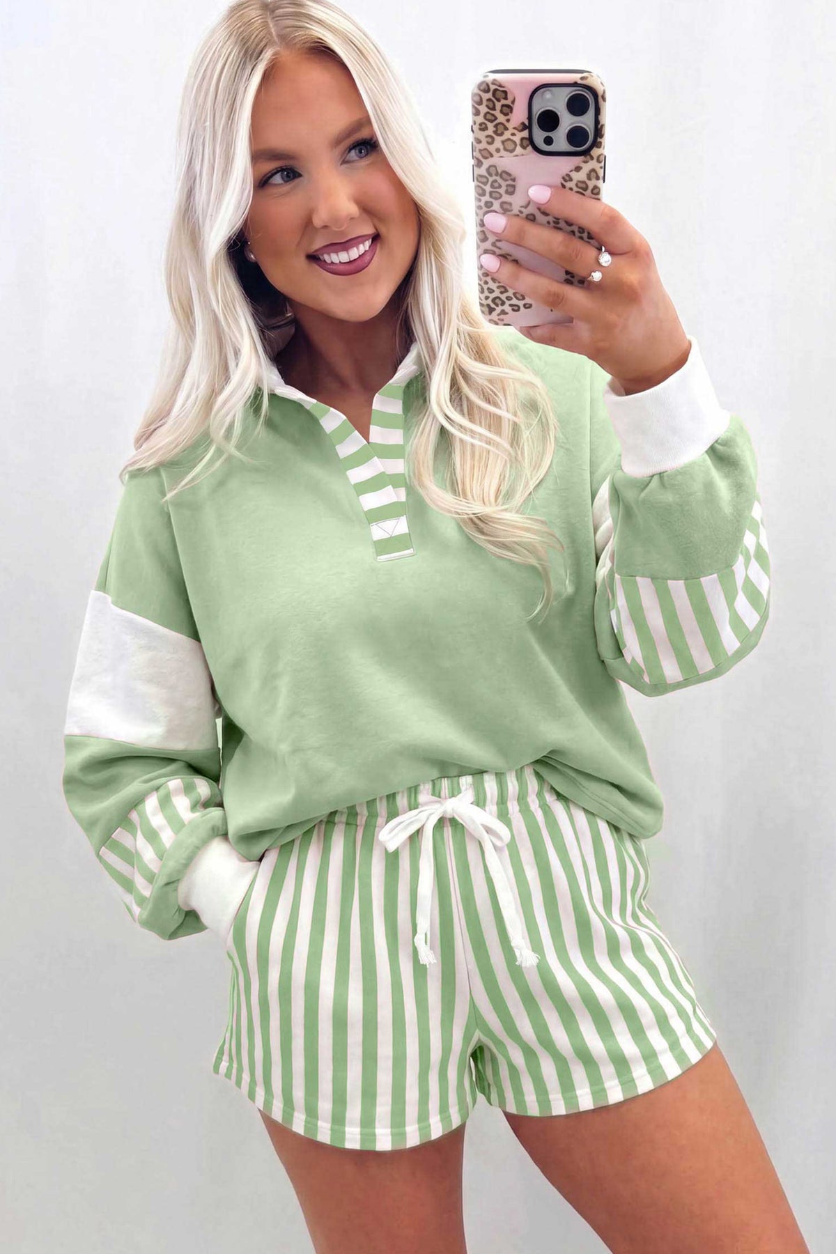 Green Striped Color Block Pullover Top Drawstring Shorts Set
