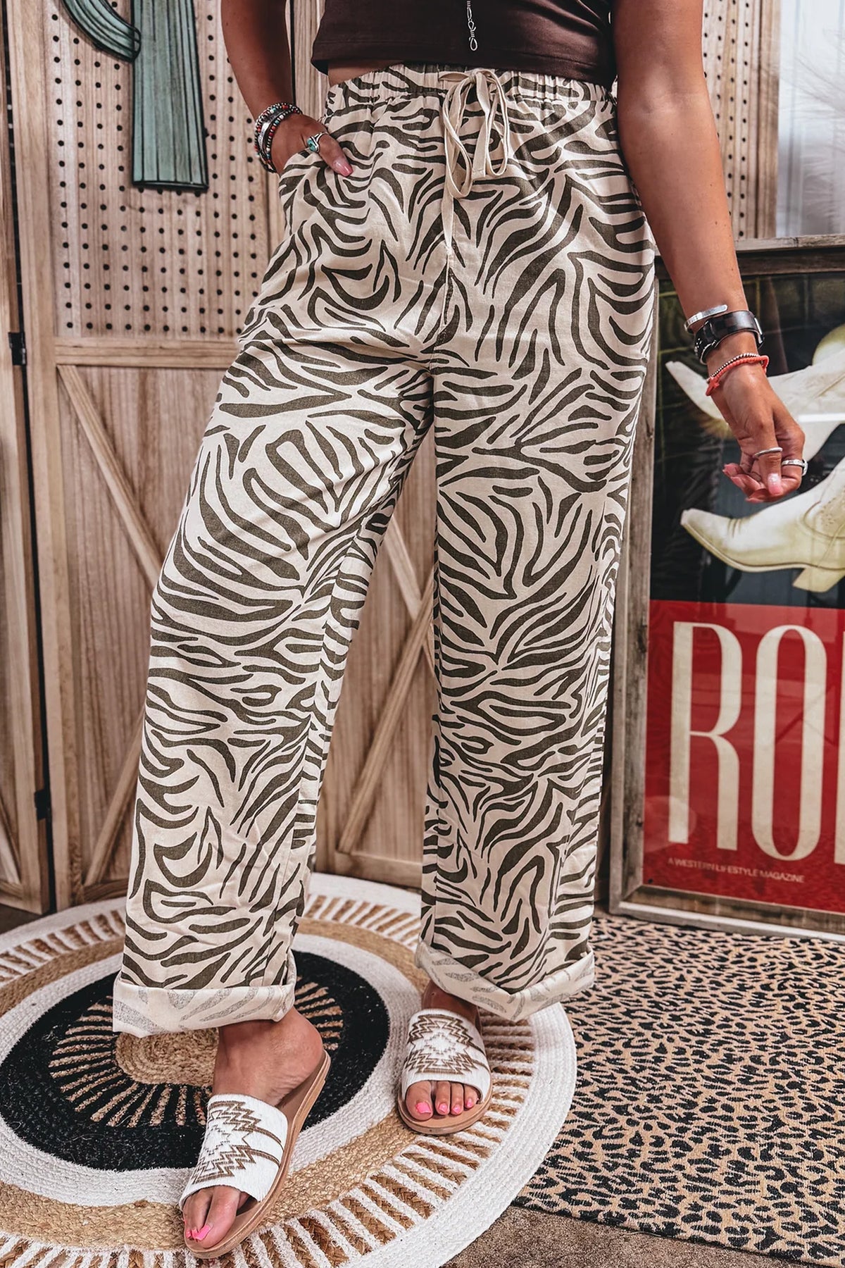Western Print Zebra Pattern Elastic Waist Pocket Full-Length Pants