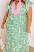 Green Plus Size Contrast Trim Flutter Sleeve Floral Kaftan Maxi Dress