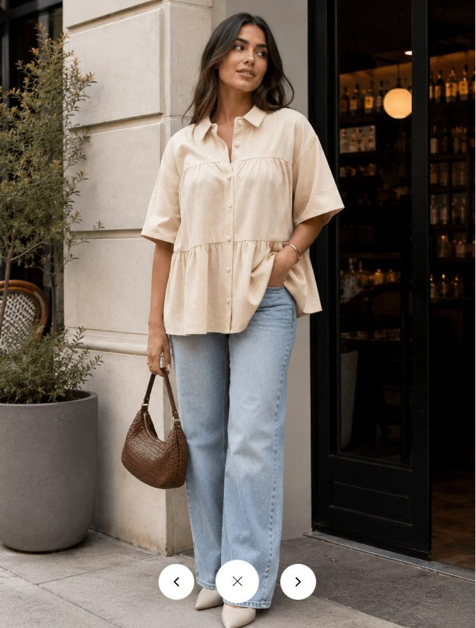 WOMEN'S SHORT SLEEVE BUTTON UP TIERED TUNIC TOP