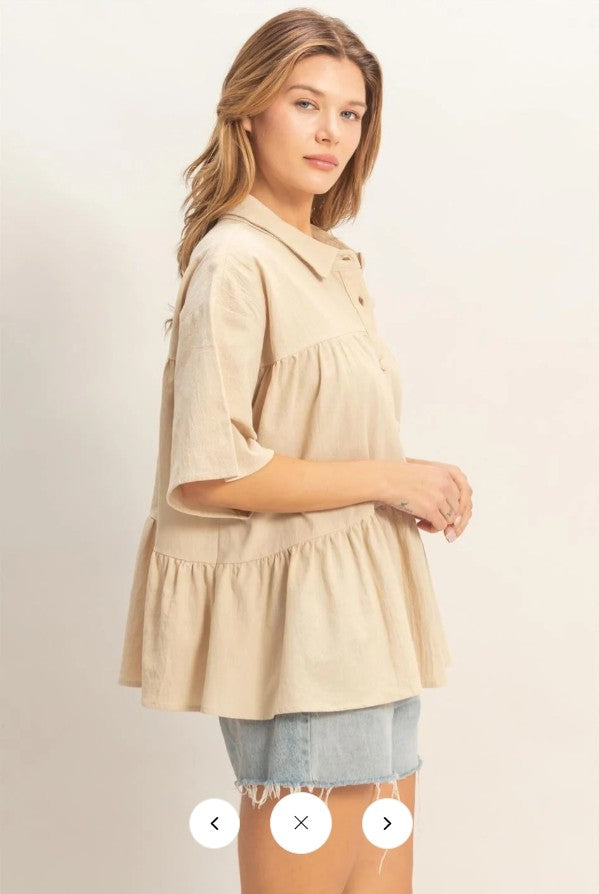 WOMEN'S SHORT SLEEVE BUTTON UP TIERED TUNIC TOP