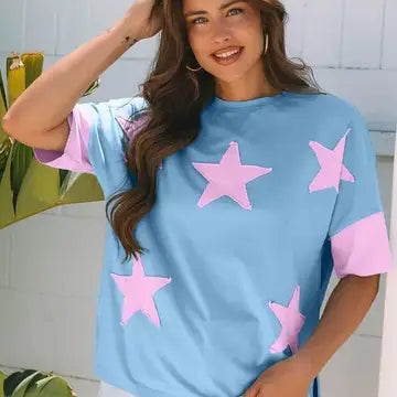 Blue Frayed Denim Star Patched Oversize T Shirt