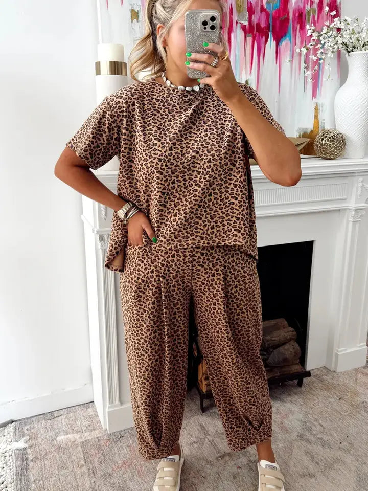 Brown Leopard Loose Tee Drawstring Waist Barrel Pants Set