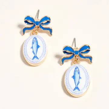Bow Shell Print Square Frame Drop Earrings   Blue